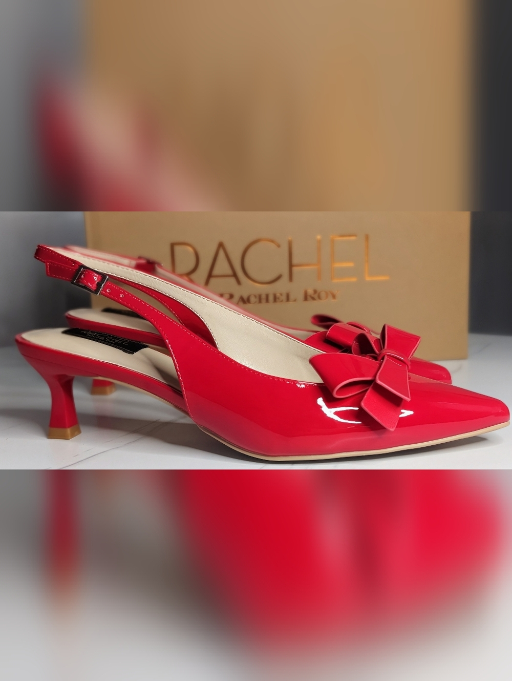 Rachel Roy Red Patent Slingback Heels Bow Pointed Toe Size 8 NIB - Picture 4 of 8